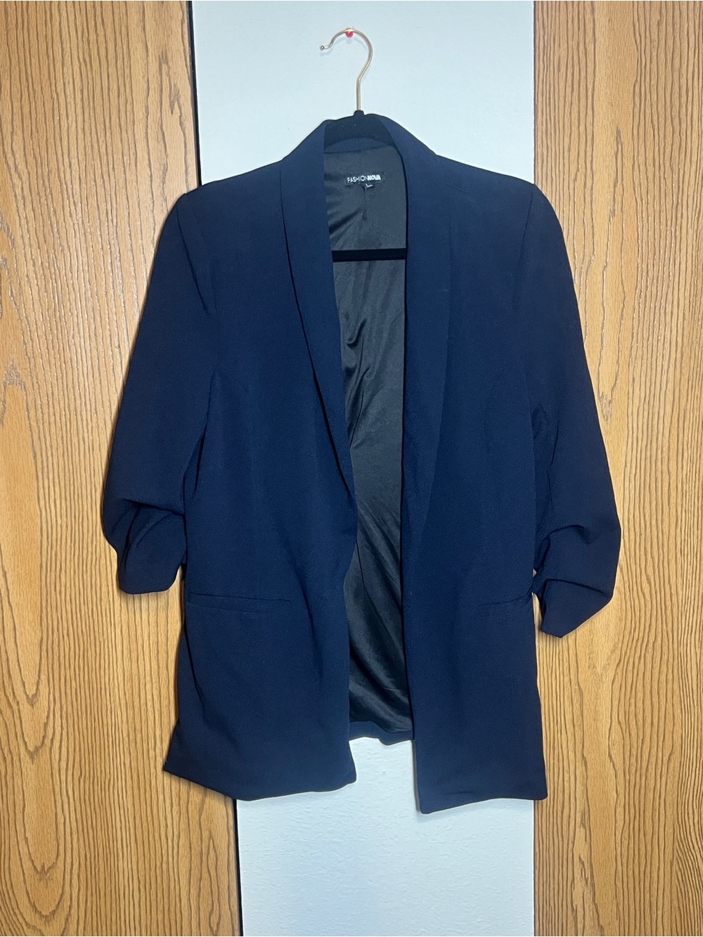 Fashion Nova The Celine Blazer- Navy Blue Ruched 3/4 Sleeve- Size Large